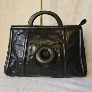 Kate Landry Black Leather Bag Single Wood Handle Colorful Interior Boho Retro
